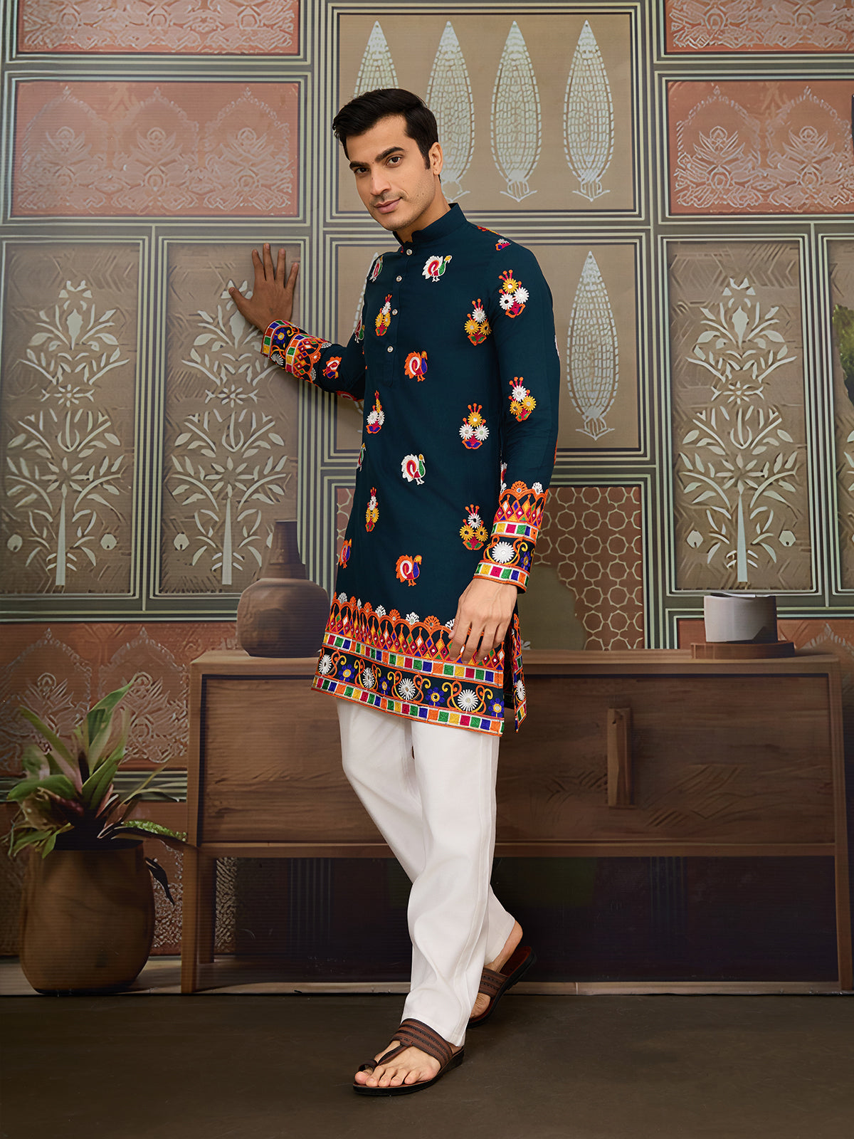 Teal Blue Cotton Kurta with Multi-Thread & Mirror Work