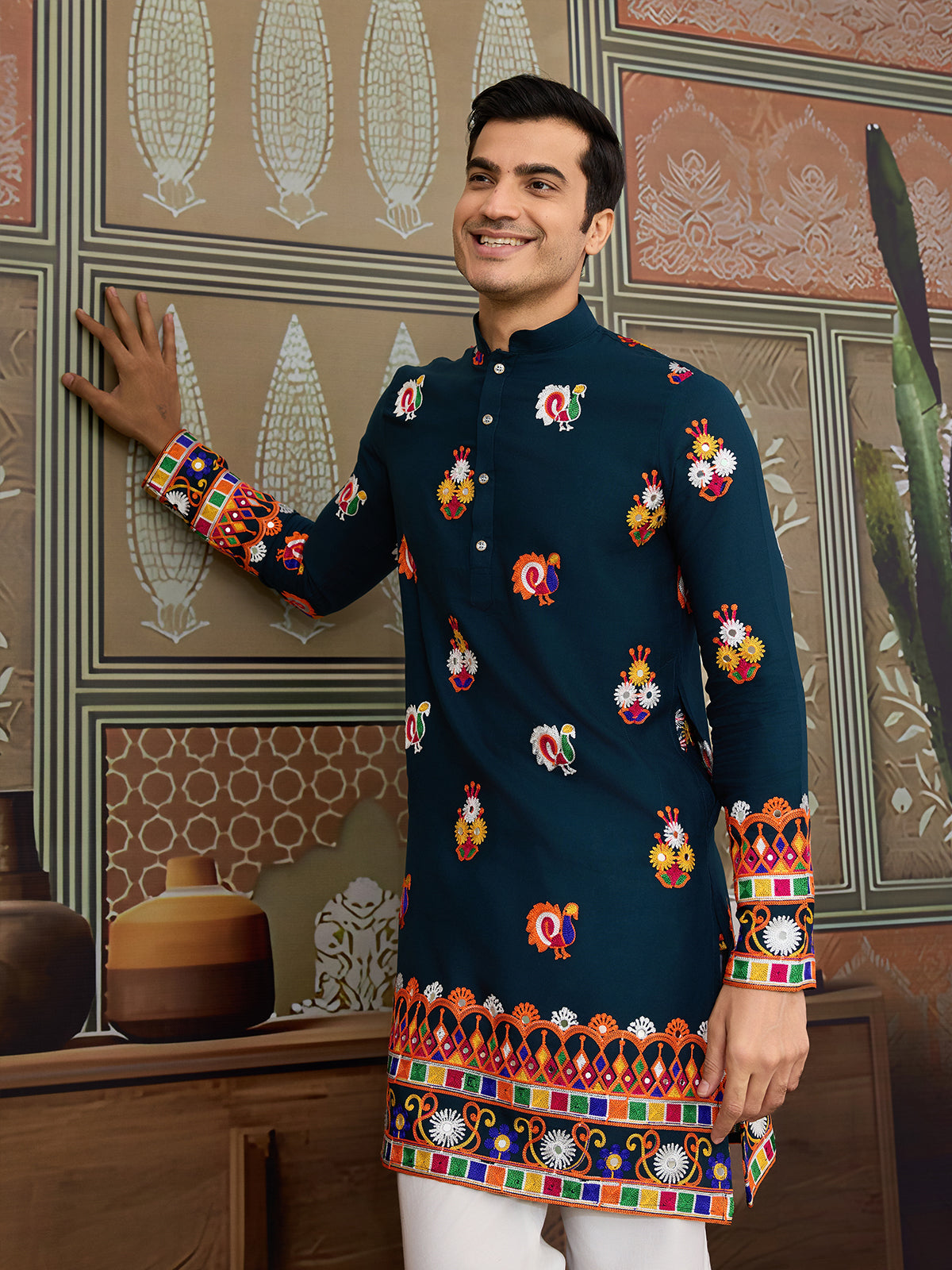 Teal Blue Cotton Kurta with Multi-Thread & Mirror Work