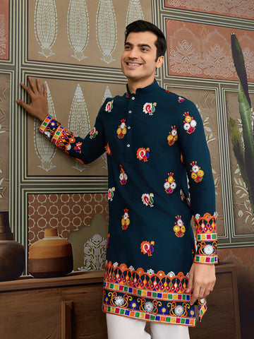 Teal Blue Cotton Kurta with Multi-Thread & Mirror Work