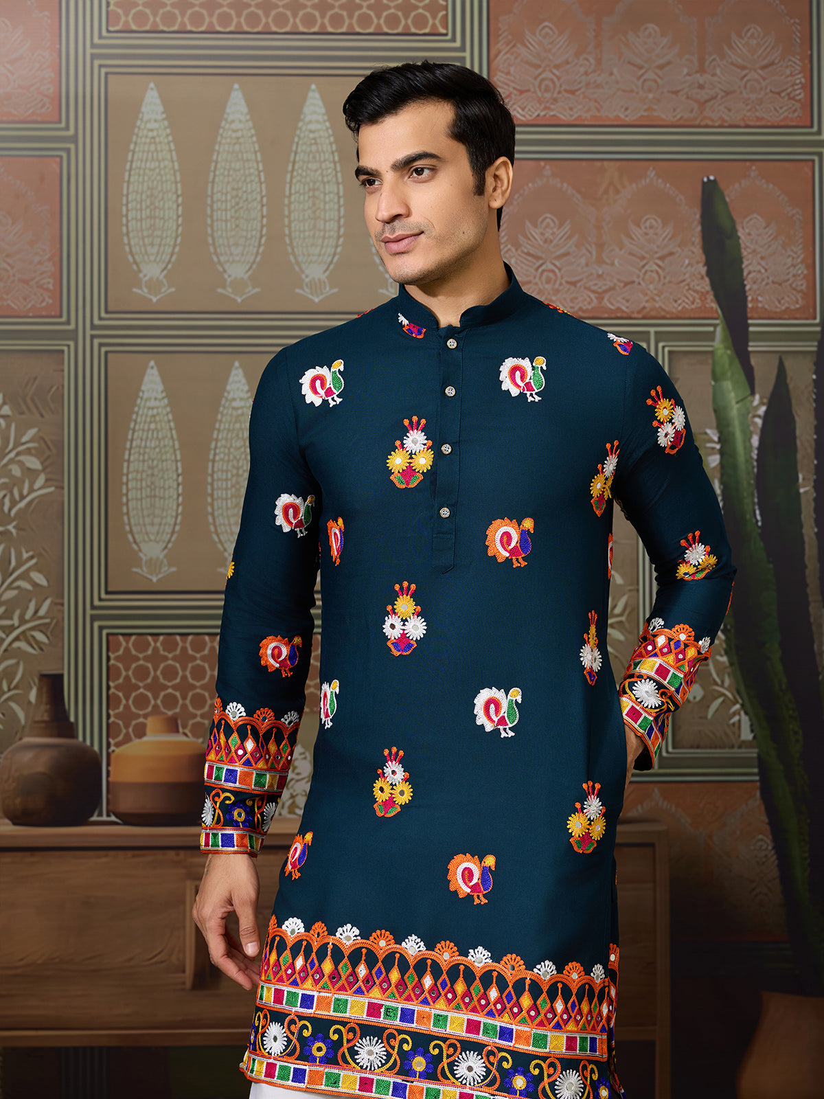 Teal Blue Cotton Kurta with Multi-Thread & Mirror Work