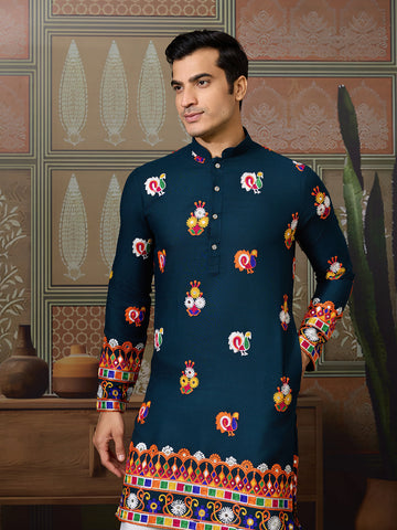 Teal Blue Cotton Kurta with Multi-Thread & Mirror Work
