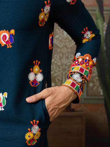 Teal Blue Cotton Kurta with Multi-Thread & Mirror Work