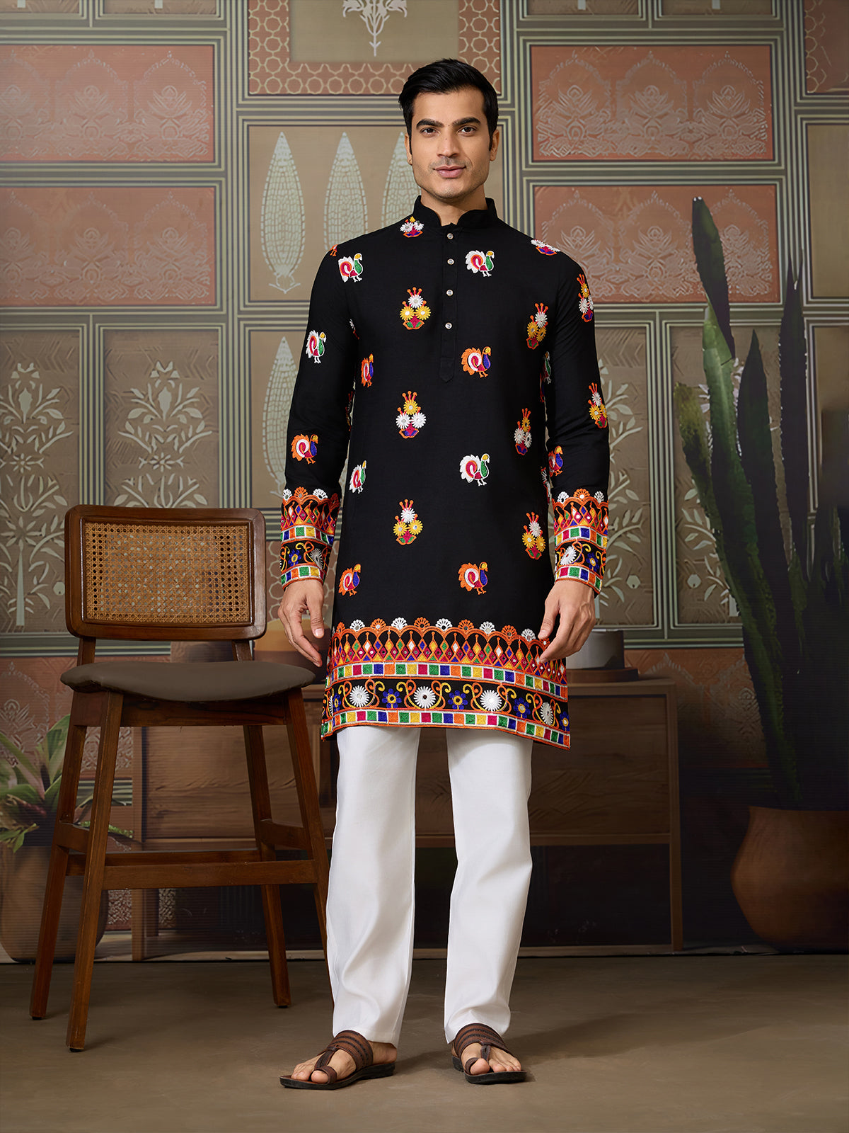 Black Cotton Kurta with Multi-Thread & Mirror Work For Navratri