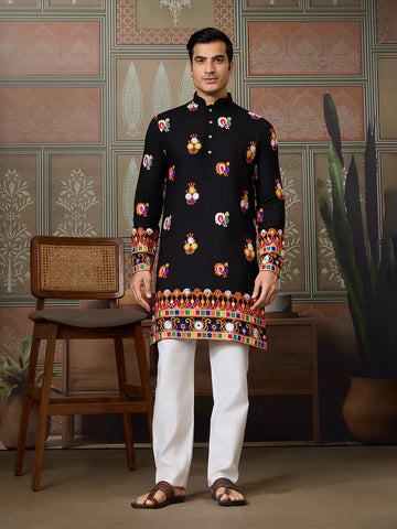 Black Cotton Kurta with Multi-Thread & Mirror Work For Navratri
