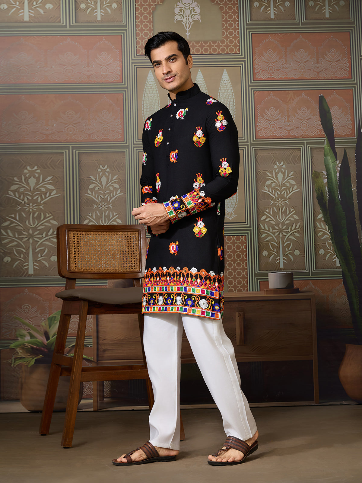 Black Cotton Kurta with Multi-Thread & Mirror Work For Navratri