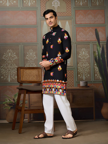 Black Cotton Kurta with Multi-Thread & Mirror Work For Navratri
