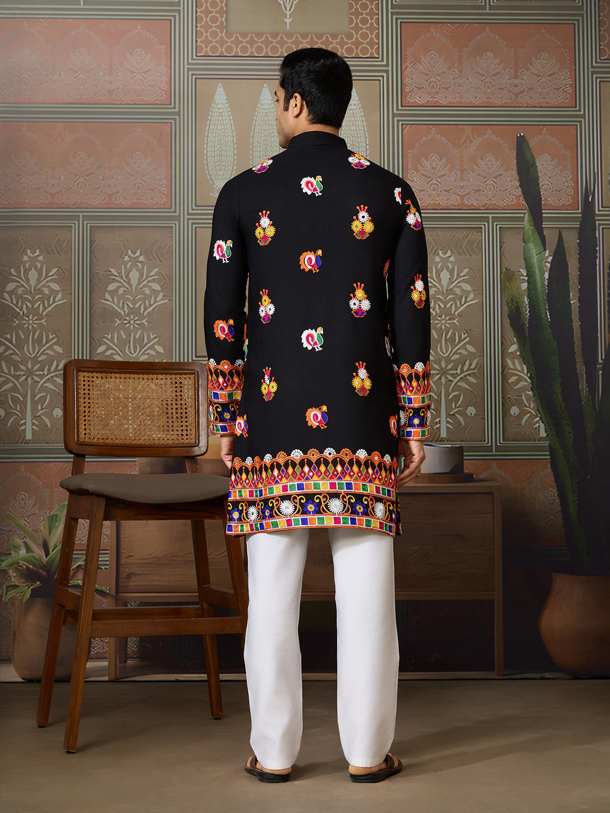 Black Cotton Kurta with Multi-Thread & Mirror Work For Navratri