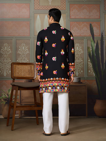 Black Cotton Kurta with Multi-Thread & Mirror Work For Navratri