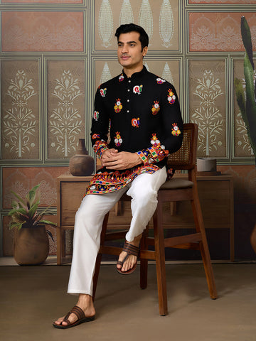 Black Cotton Kurta with Multi-Thread & Mirror Work For Navratri