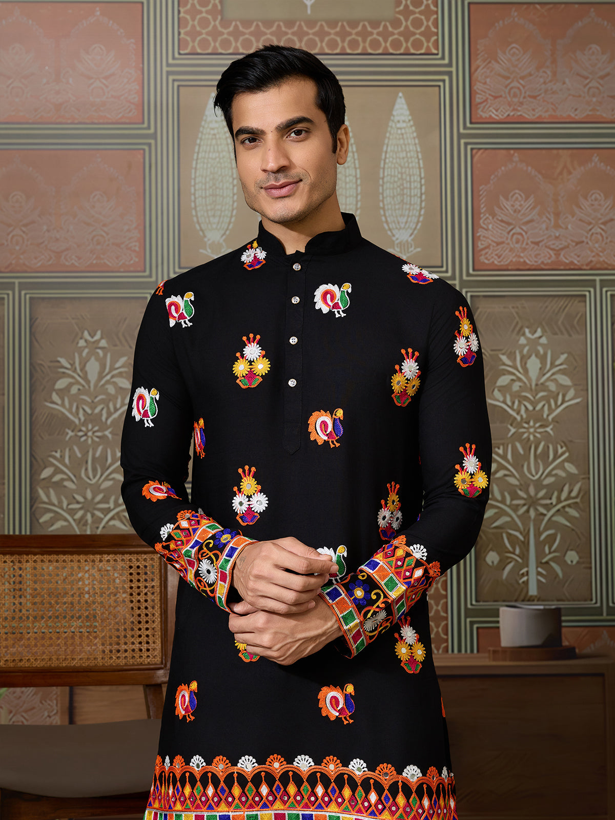 Black Cotton Kurta with Multi-Thread & Mirror Work For Navratri