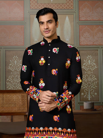 Black Cotton Kurta with Multi-Thread & Mirror Work For Navratri
