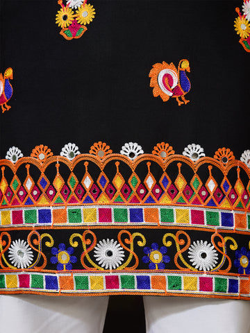 Black Cotton Kurta with Multi-Thread & Mirror Work For Navratri