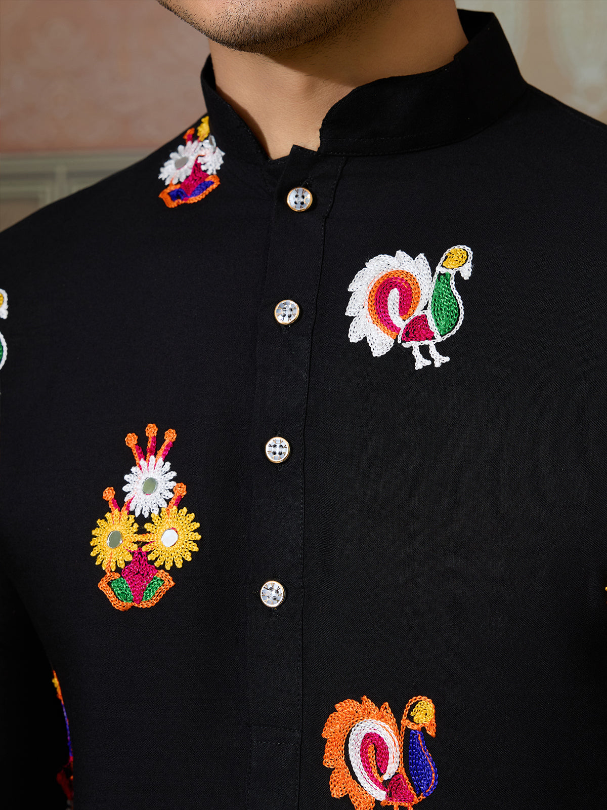 Black Cotton Kurta with Multi-Thread & Mirror Work For Navratri