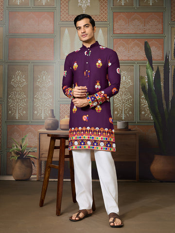 Designer Purple Cotton Navratri Kurta with Multi-Thread & Mirror Work