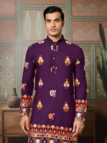 Designer Purple Cotton Navratri Kurta with Multi-Thread & Mirror Work