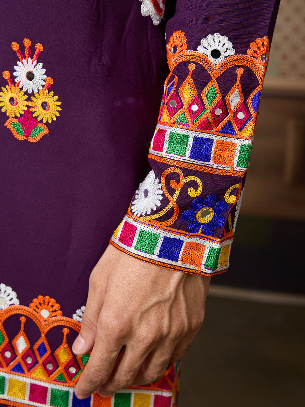 Designer Purple Cotton Navratri Kurta with Multi-Thread & Mirror Work
