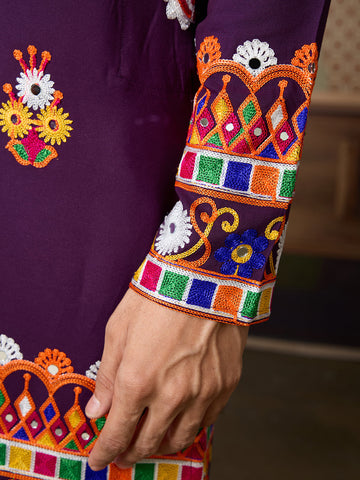 Designer Purple Cotton Navratri Kurta with Multi-Thread & Mirror Work