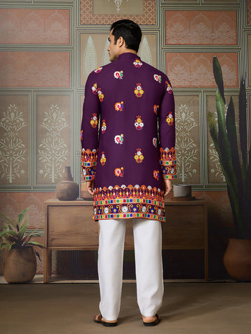 Designer Purple Cotton Navratri Kurta with Multi-Thread & Mirror Work