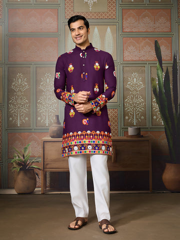 Designer Purple Cotton Navratri Kurta with Multi-Thread & Mirror Work