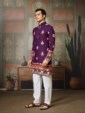 Designer Purple Cotton Navratri Kurta with Multi-Thread & Mirror Work