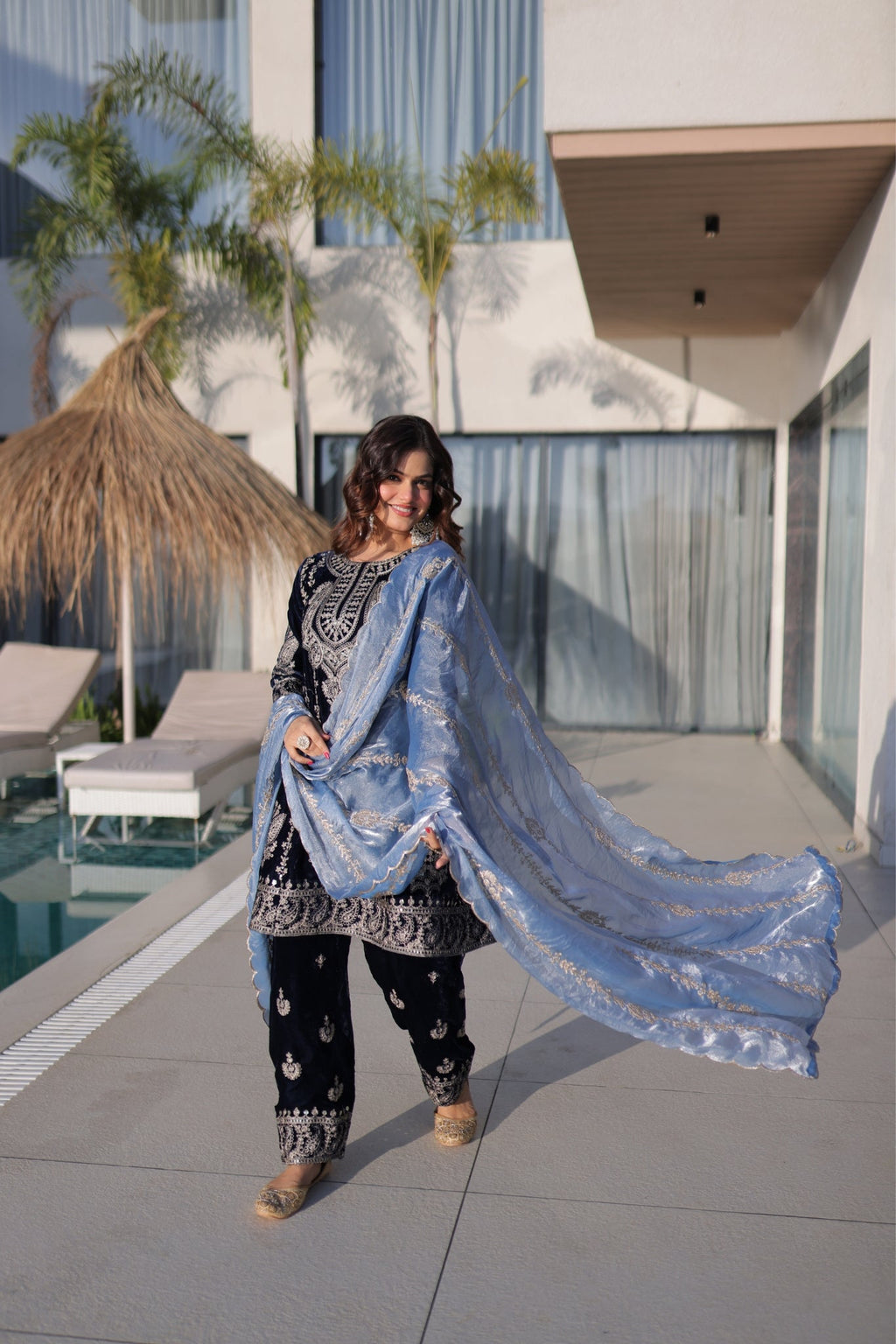 Luxury Designer Velvet Zari Embroidered Suit Set With Fendi Dupatta