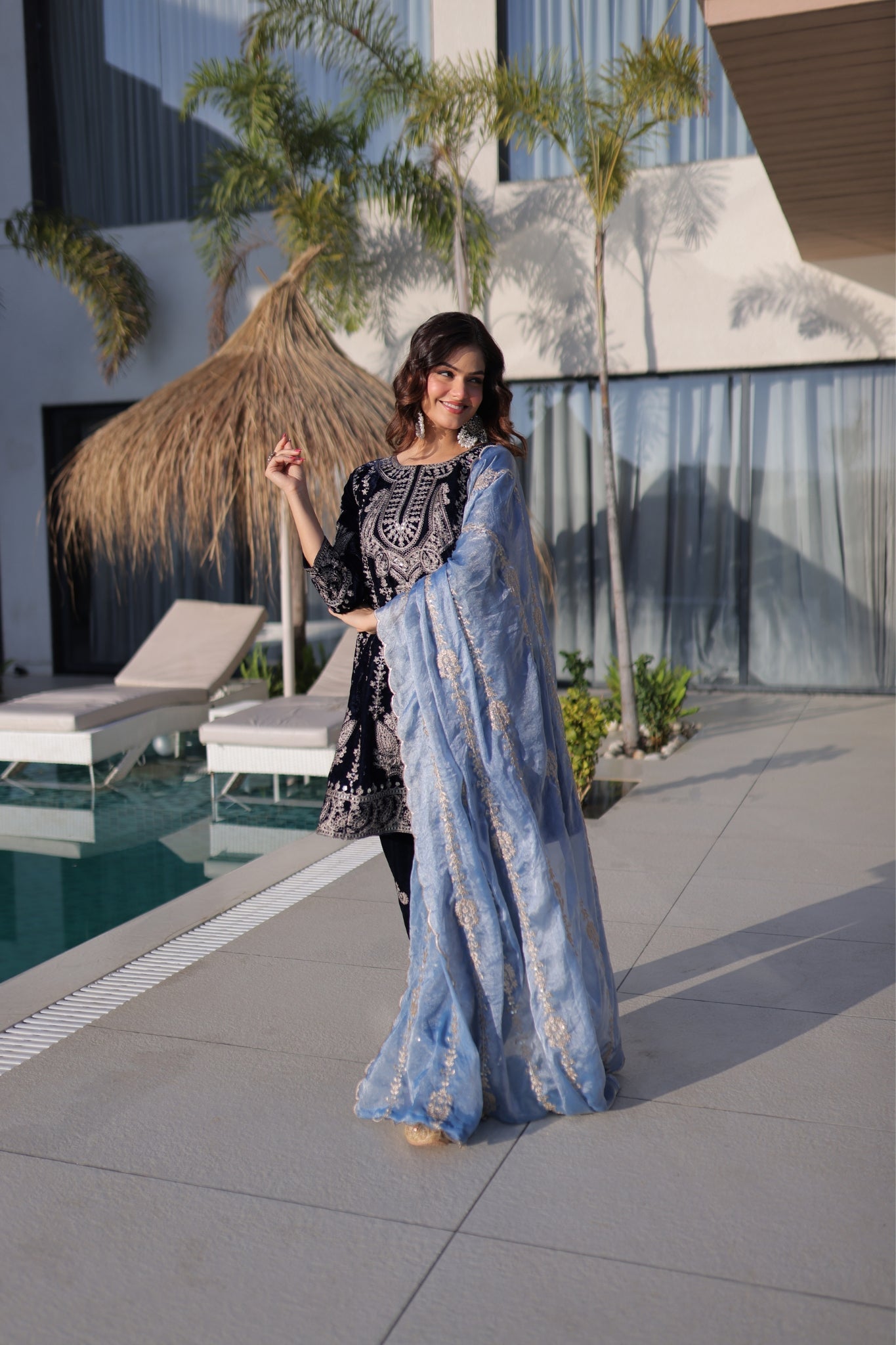 Luxury Designer Velvet Zari Embroidered Suit Set With Fendi Dupatta