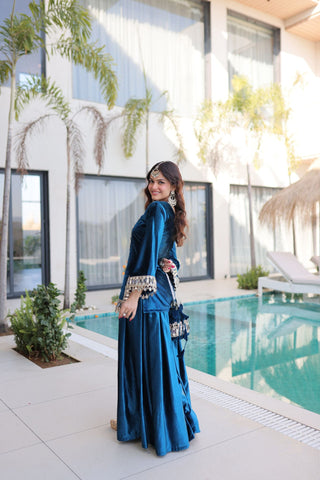 Royal Ice Velvet Zari And Mirror Embroidered Luxury Co Ord Set With Batwa