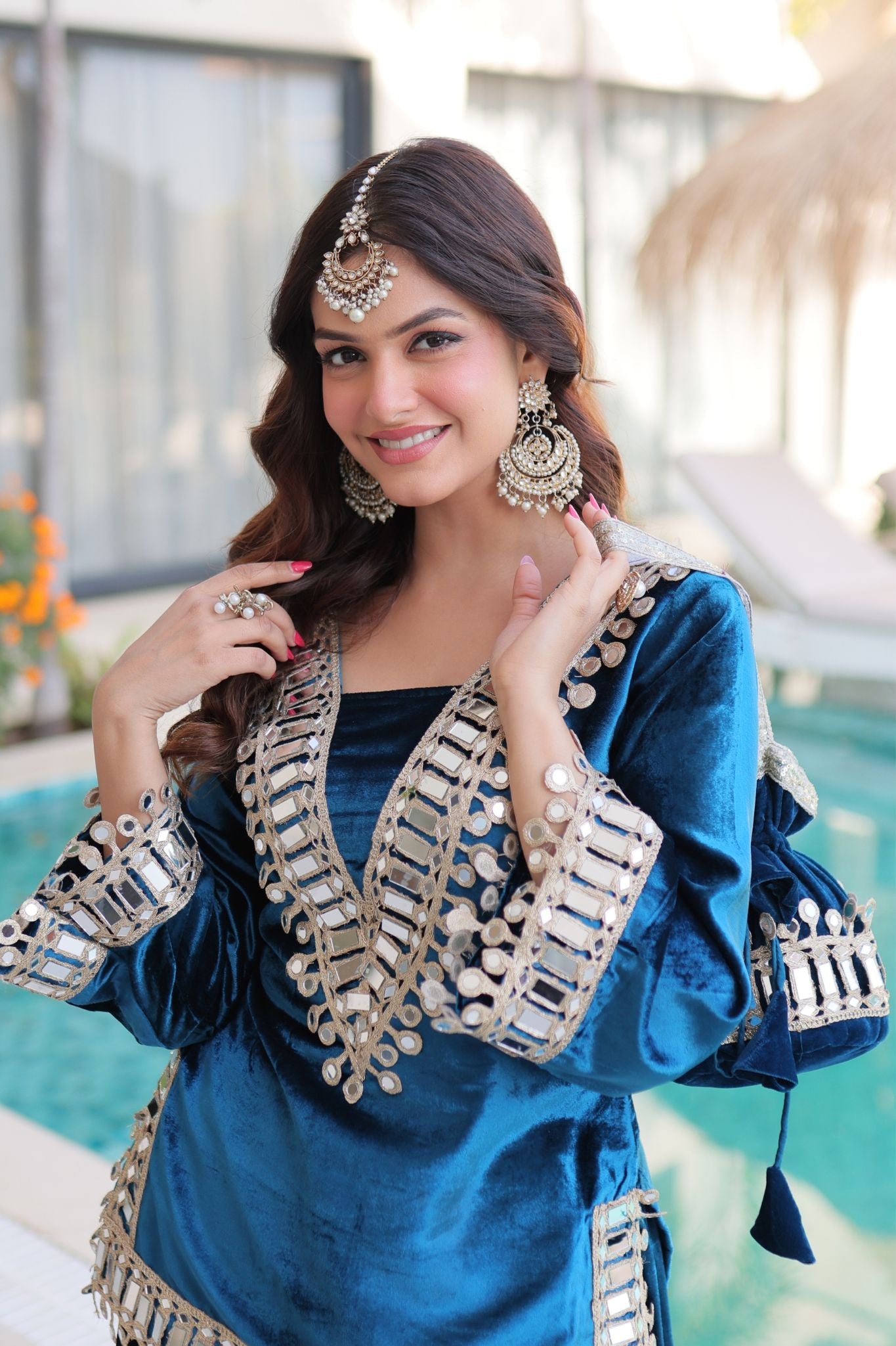 Royal Ice Velvet Zari And Mirror Embroidered Luxury Co Ord Set With Batwa