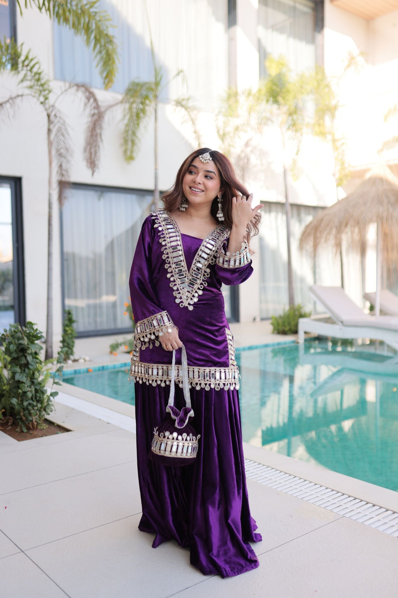 Royal Ice Velvet Zari And Mirror Embroidered Luxury Co Ord Set With Batwa