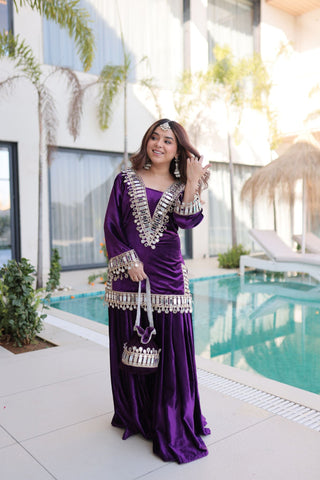 Royal Ice Velvet Zari And Mirror Embroidered Luxury Co Ord Set With Batwa