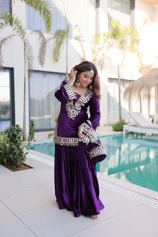 Royal Ice Velvet Zari And Mirror Embroidered Luxury Co Ord Set With Batwa