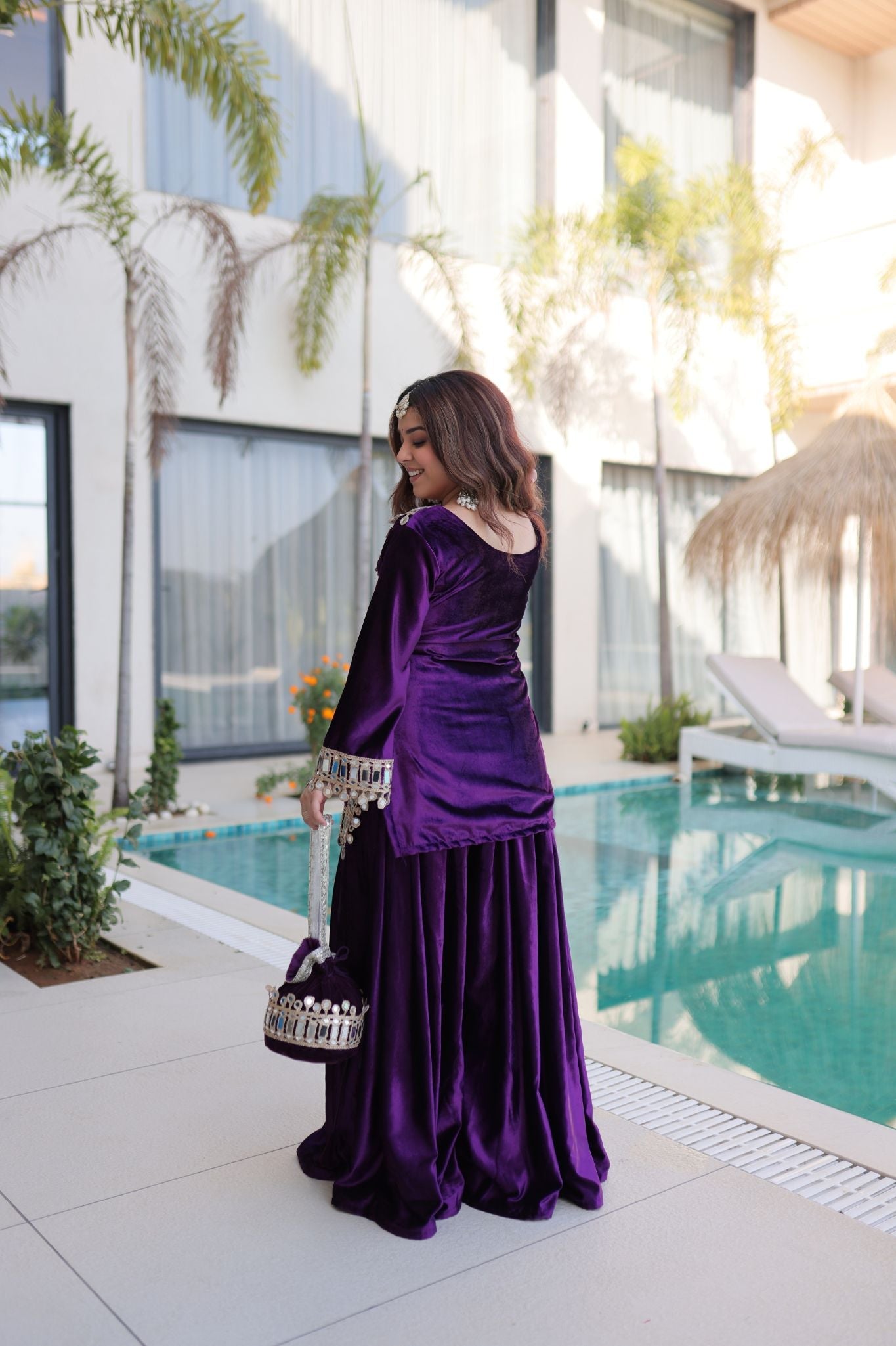 Royal Ice Velvet Zari And Mirror Embroidered Luxury Co Ord Set With Batwa