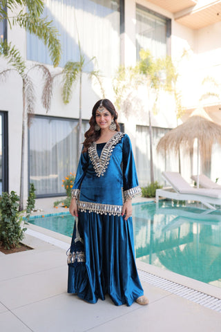 Royal Ice Velvet Zari And Mirror Embroidered Luxury Co Ord Set With Batwa