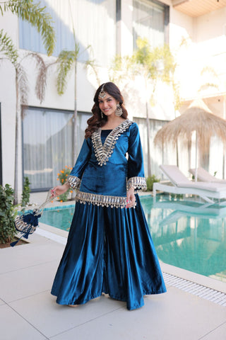 Royal Ice Velvet Zari And Mirror Embroidered Luxury Co Ord Set With Batwa