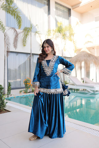 Royal Ice Velvet Zari And Mirror Embroidered Luxury Co Ord Set With Batwa
