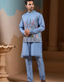 Vibrant Sky Blue Koti Kurta Pajama for Mens Outfits