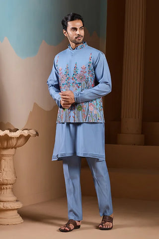 Vibrant Sky Blue Koti Kurta Pajama for Mens Outfits