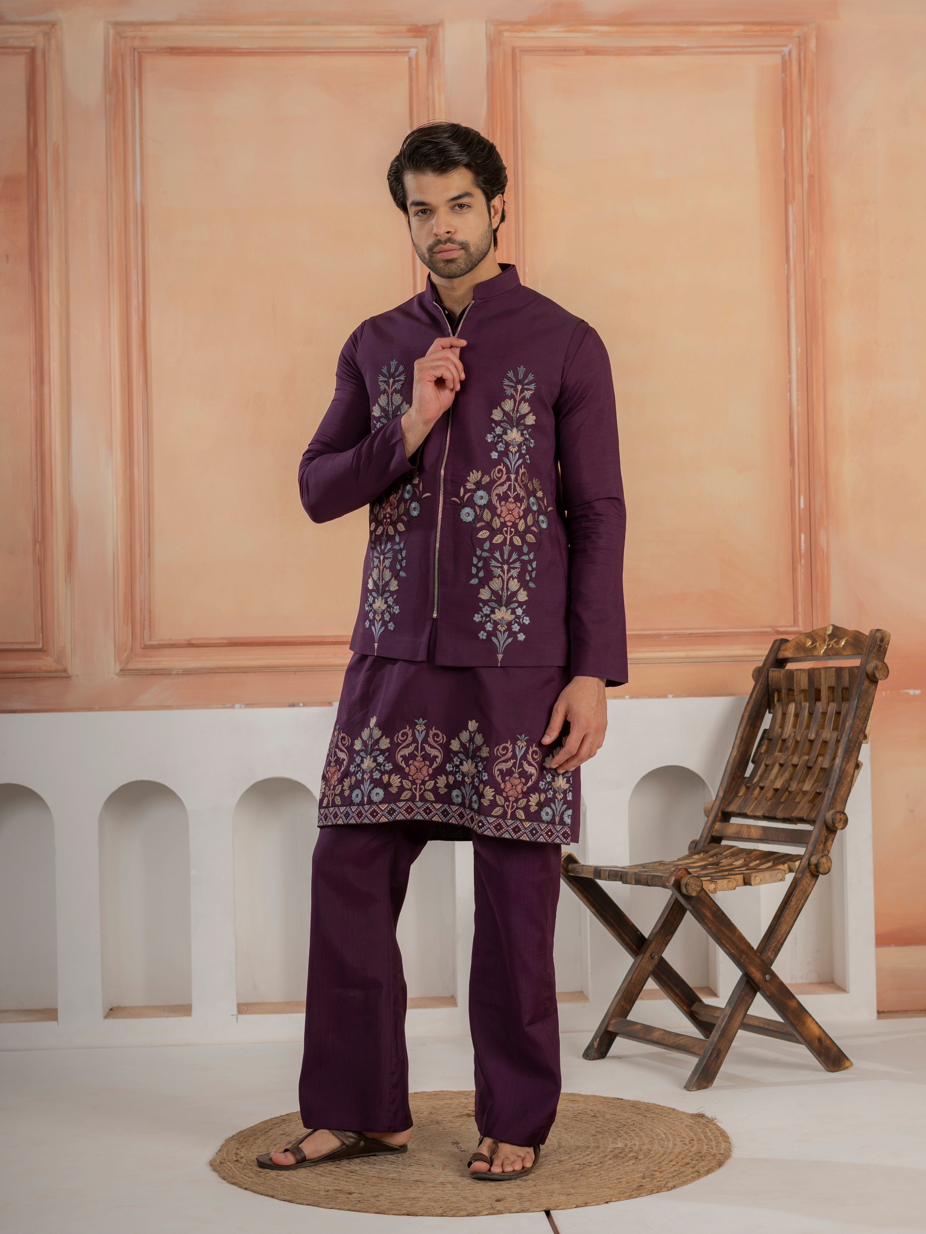 Vibrant Purple Color Koti Kurta Set Pair for Men Collection

