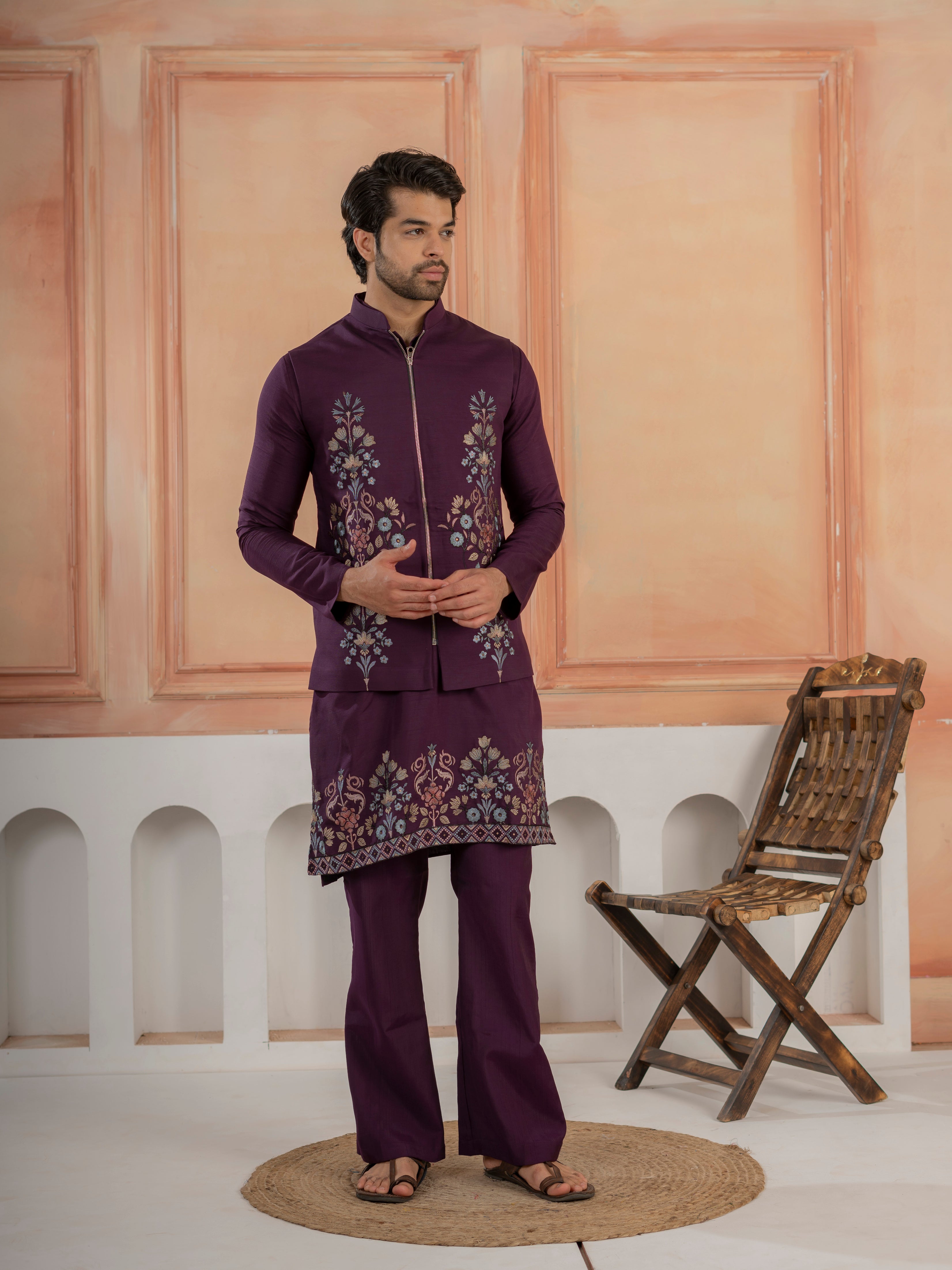Vibrant Purple Color Koti Kurta Set Pair for Men Collection
