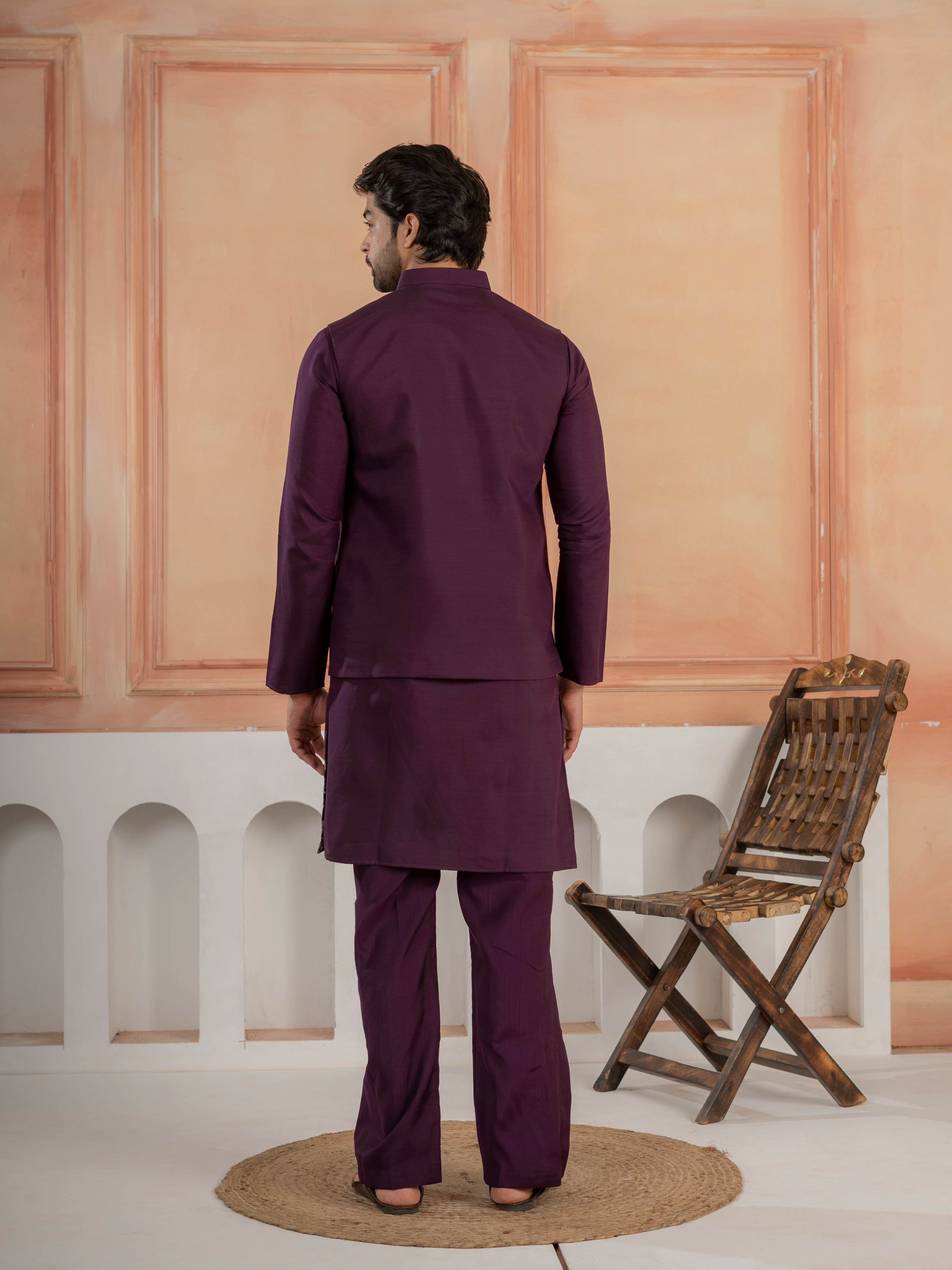 Vibrant Purple Color Koti Kurta Set Pair for Men Collection
