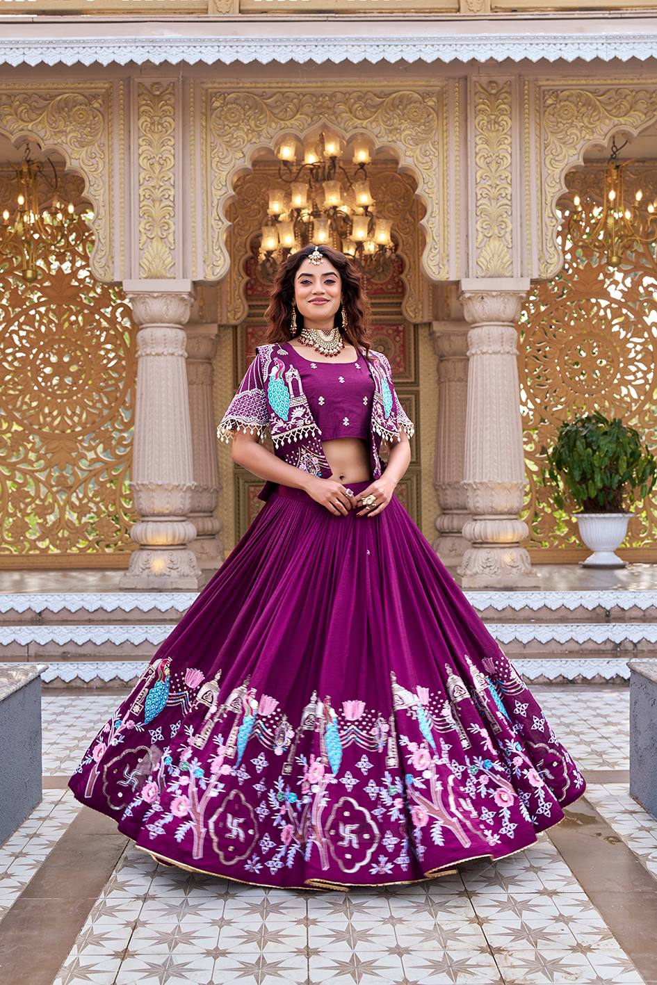 Pure Vichitra Heavy Embroidery Lehenga Choli with Designer Koti Set
