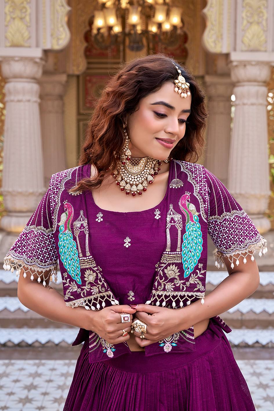 Pure Vichitra Heavy Embroidery Lehenga Choli with Designer Koti Set
