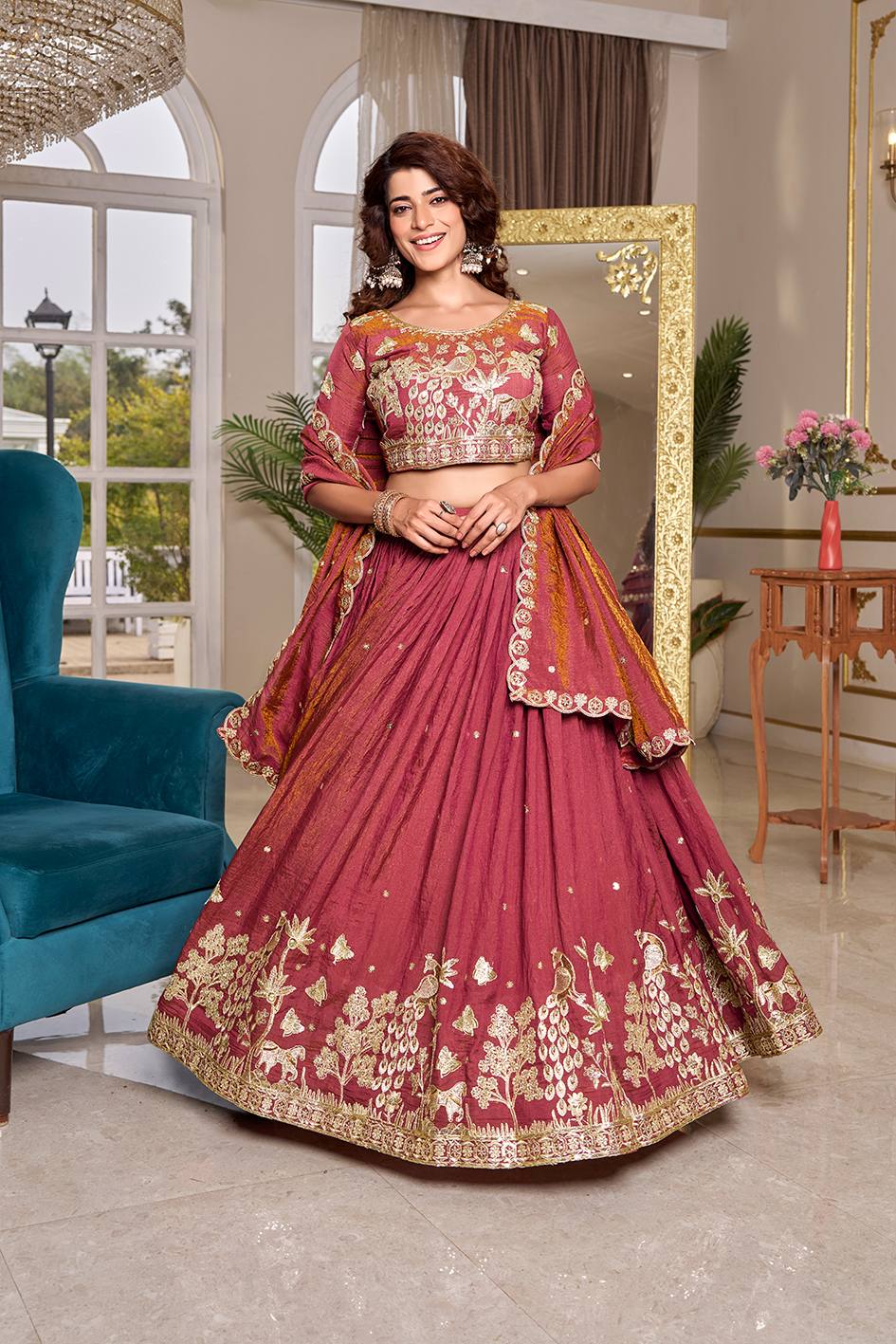 Partywear Vichitra Heavy Embroidery Lehenga Choli Set with Dupatta
