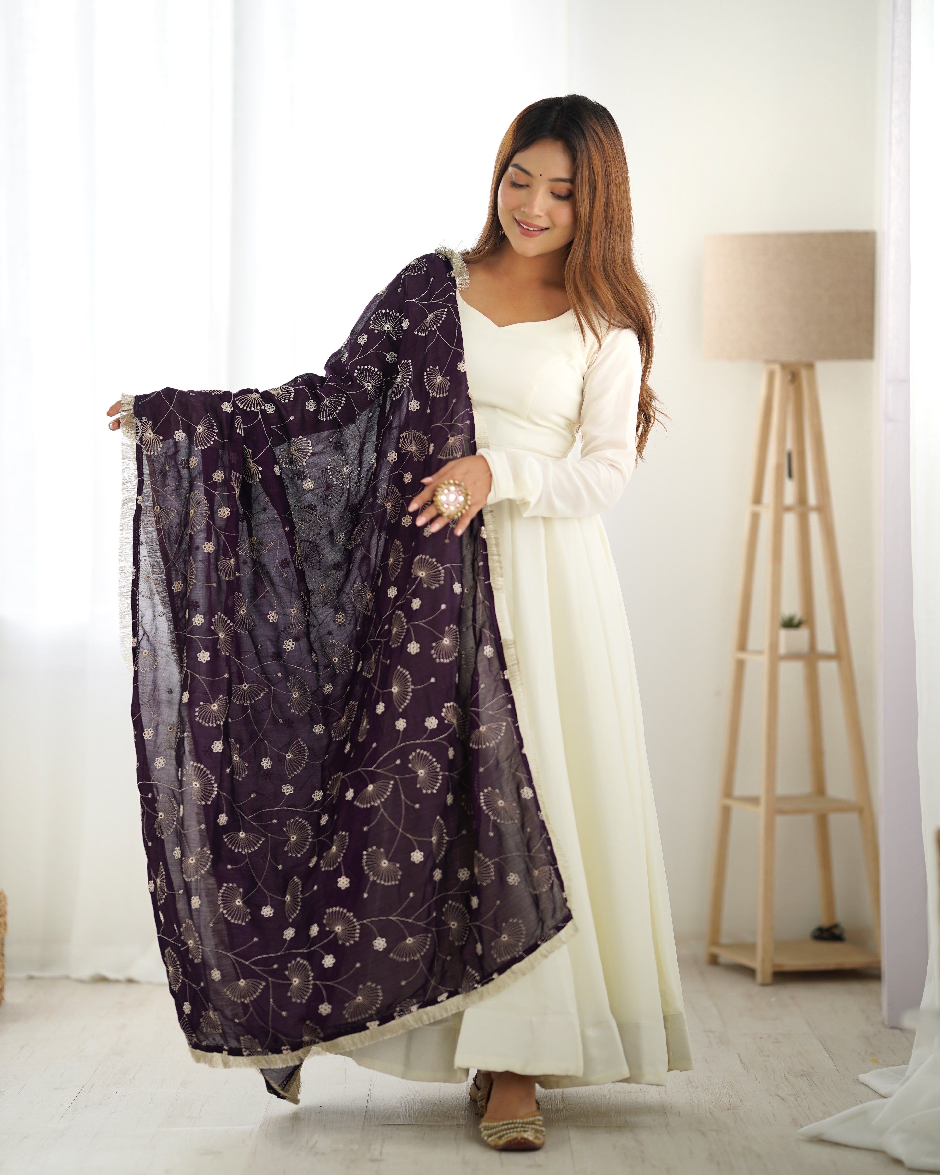 Pure Soft Vichitra Silk Fabric Fully Flair Kali Pattern and Canvas Patta With Dupatta Set, Pent Ready To Wear - Dark Purple
