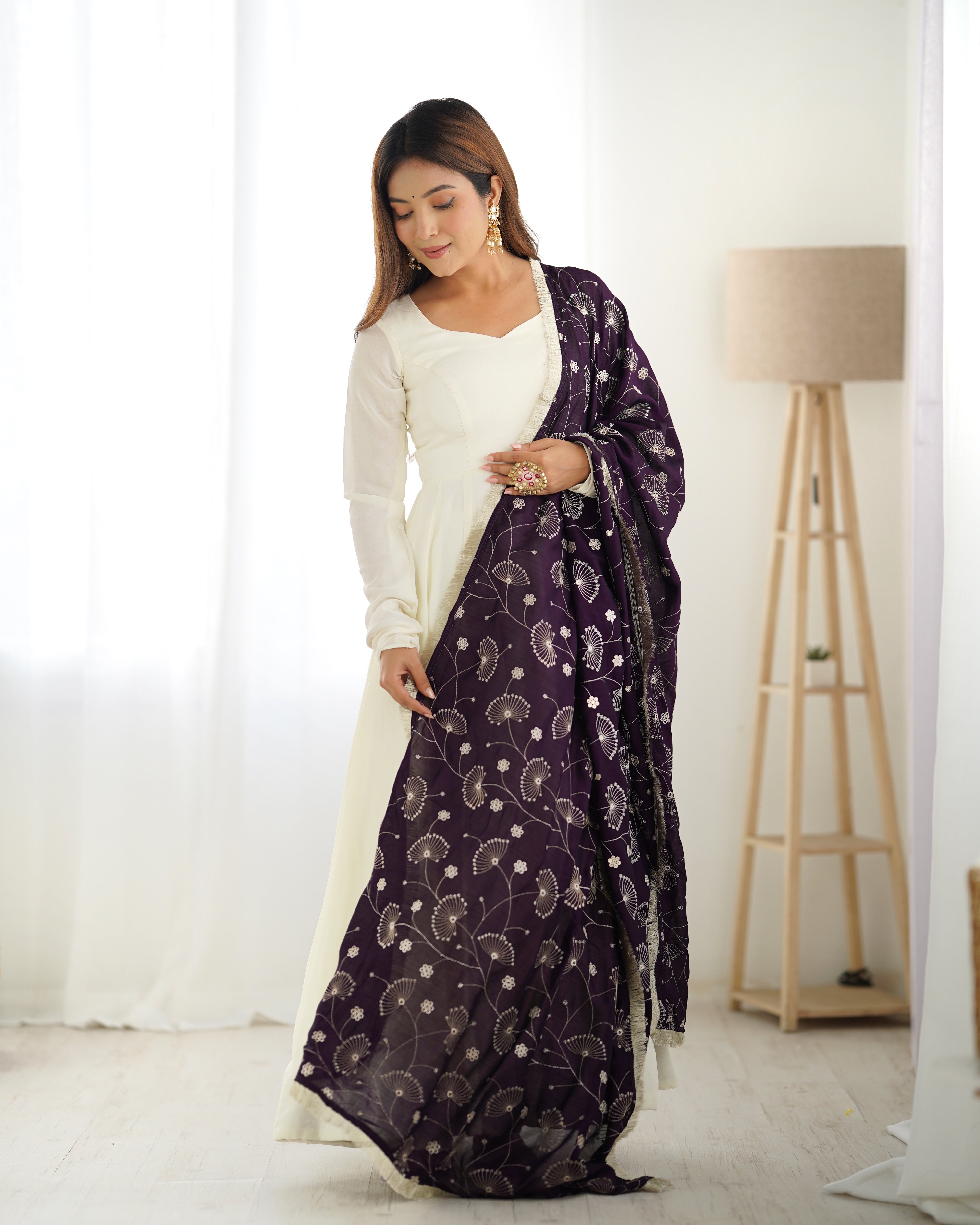 Pure Soft Vichitra Silk Fabric Fully Flair Kali Pattern and Canvas Patta With Dupatta Set, Pent Ready To Wear - Dark Purple
