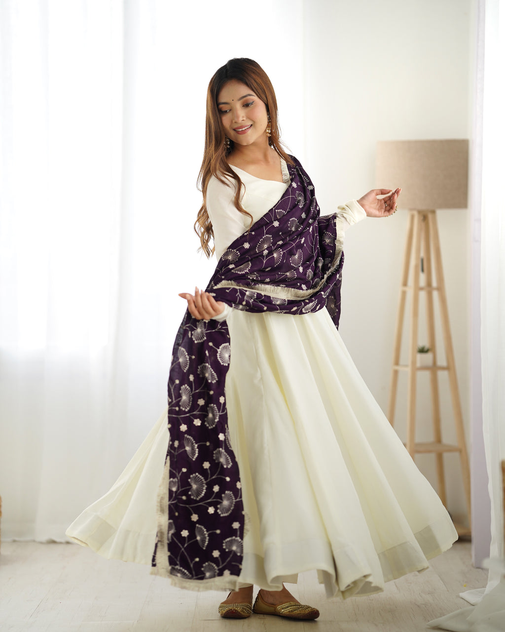Pure Soft Vichitra Silk Fabric Fully Flair Kali Pattern and Canvas Patta With Dupatta Set, Pent Ready To Wear - Dark Purple