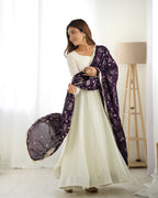 Pure Soft Vichitra Silk Fabric Fully Flair Kali Pattern and Canvas Patta With Dupatta Set, Pent Ready To Wear - Dark Purple
