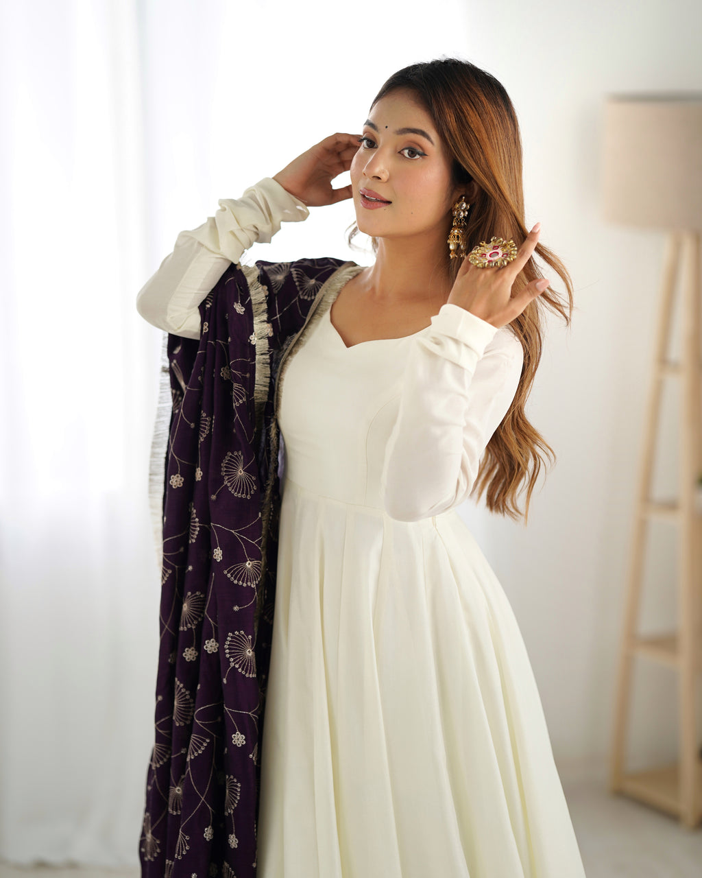 Pure Soft Vichitra Silk Fabric Fully Flair Kali Pattern and Canvas Patta With Dupatta Set, Pent Ready To Wear - Dark Purple