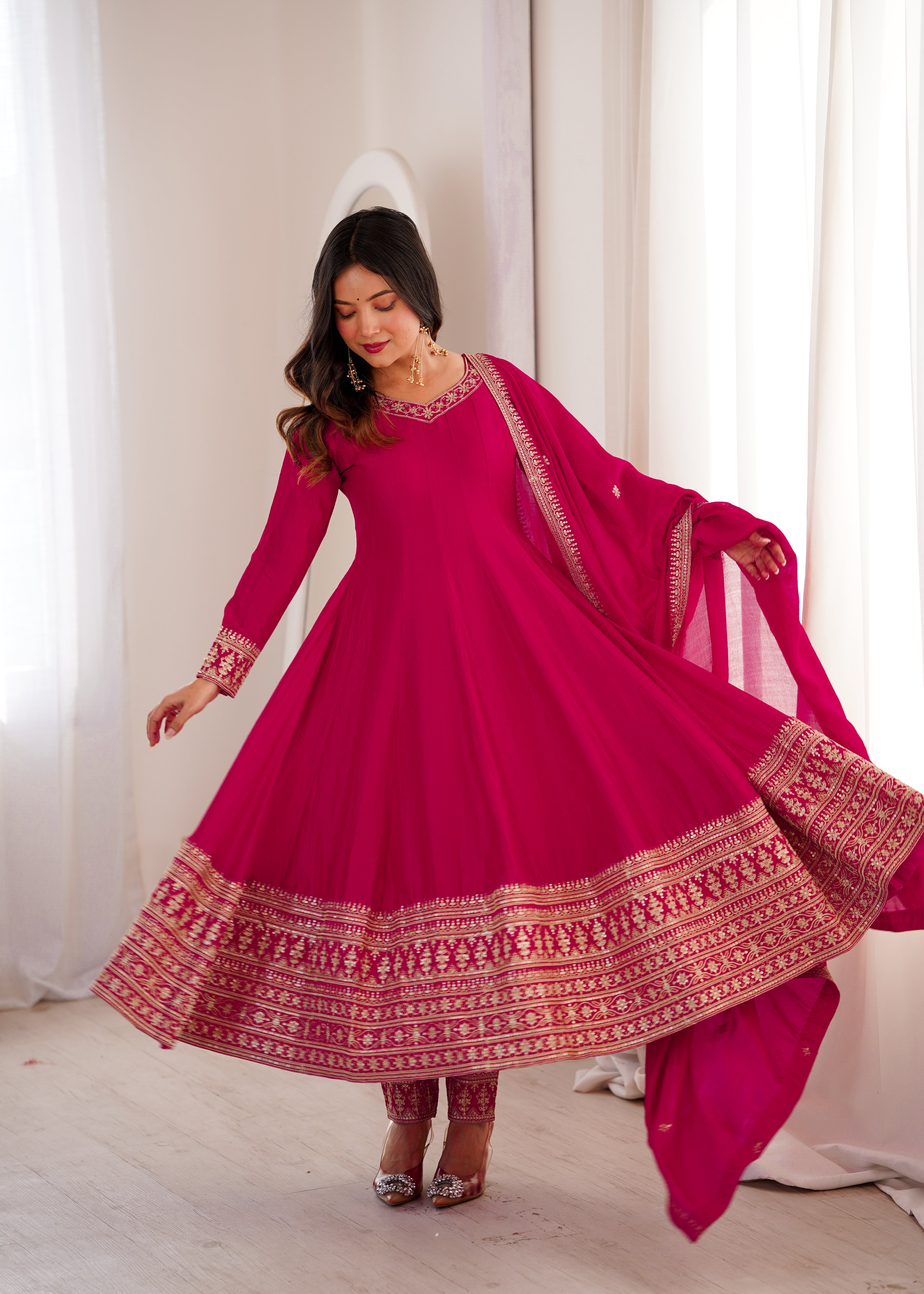 Festive Wear Pink Vichitra Silk Anarkali with Fancy Lace Work Dupatta
