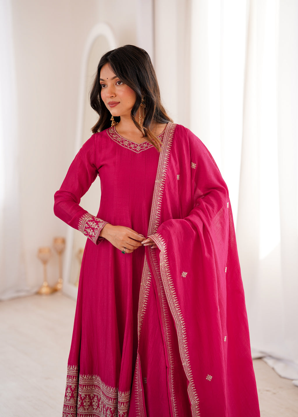 Festive Wear Pink Vichitra Silk Anarkali with Fancy Lace Work Dupatta
